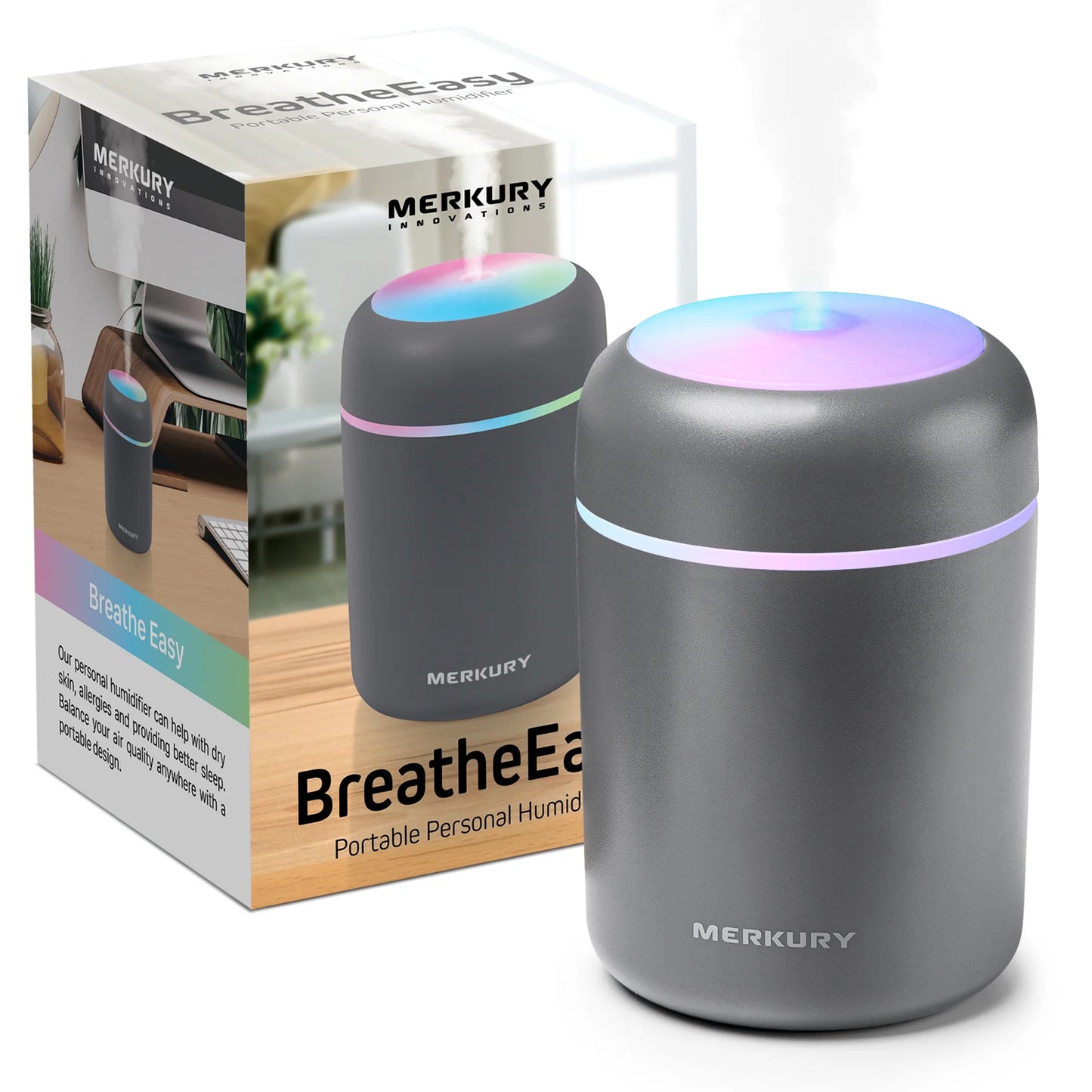 Breathe Easy Portable Personal Humidifier, USB Powered, Night Light, Timer Included, for Allergies, Dry Skin and Improved Sleep, White