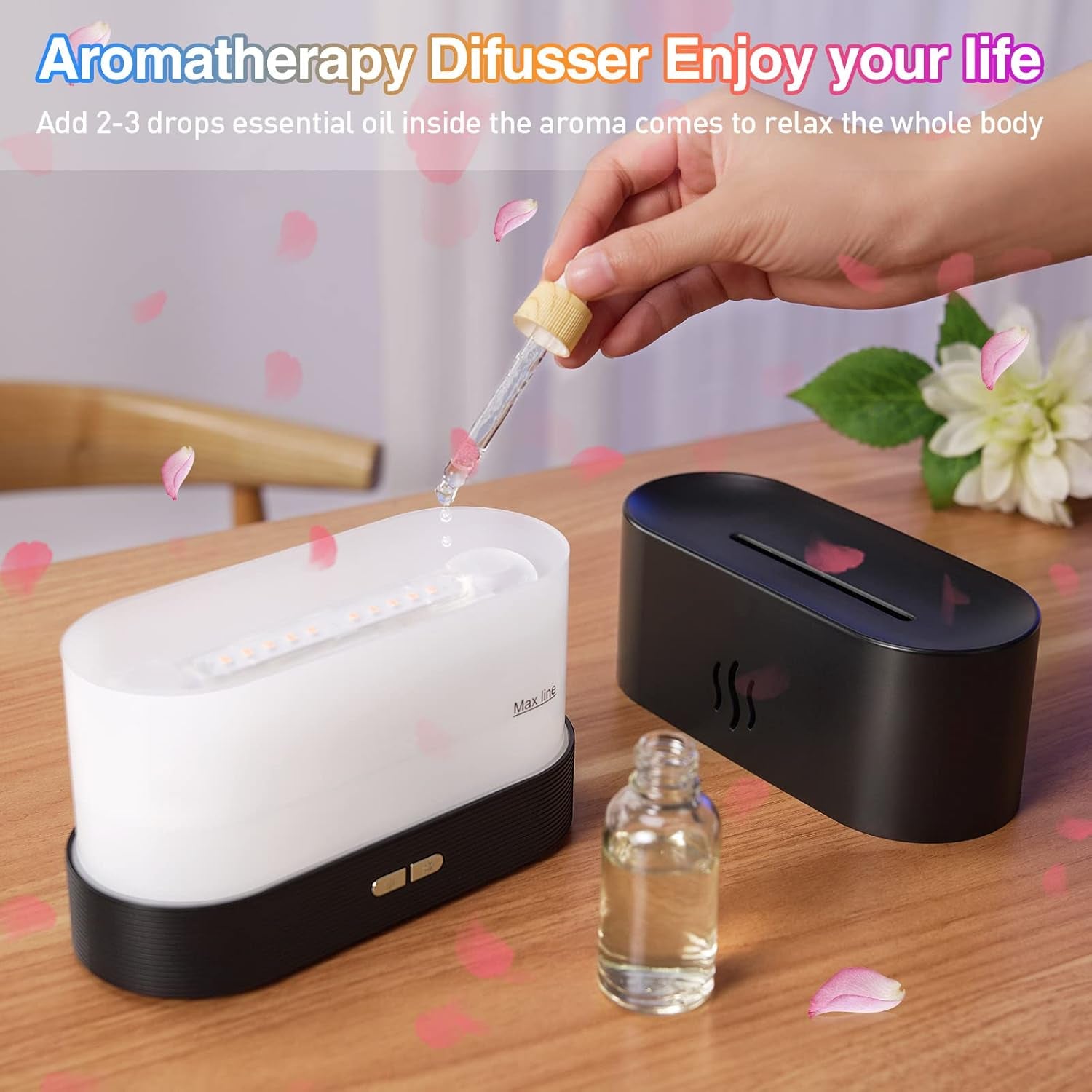 Colorful Flame Air Aroma Diffuser Humidifier, Upgraded 7 Flame Colors Noiseless Essential Oil Diffuser for Home,Office,Yoga with Auto-Off Protection 180Ml (8Hours Black)