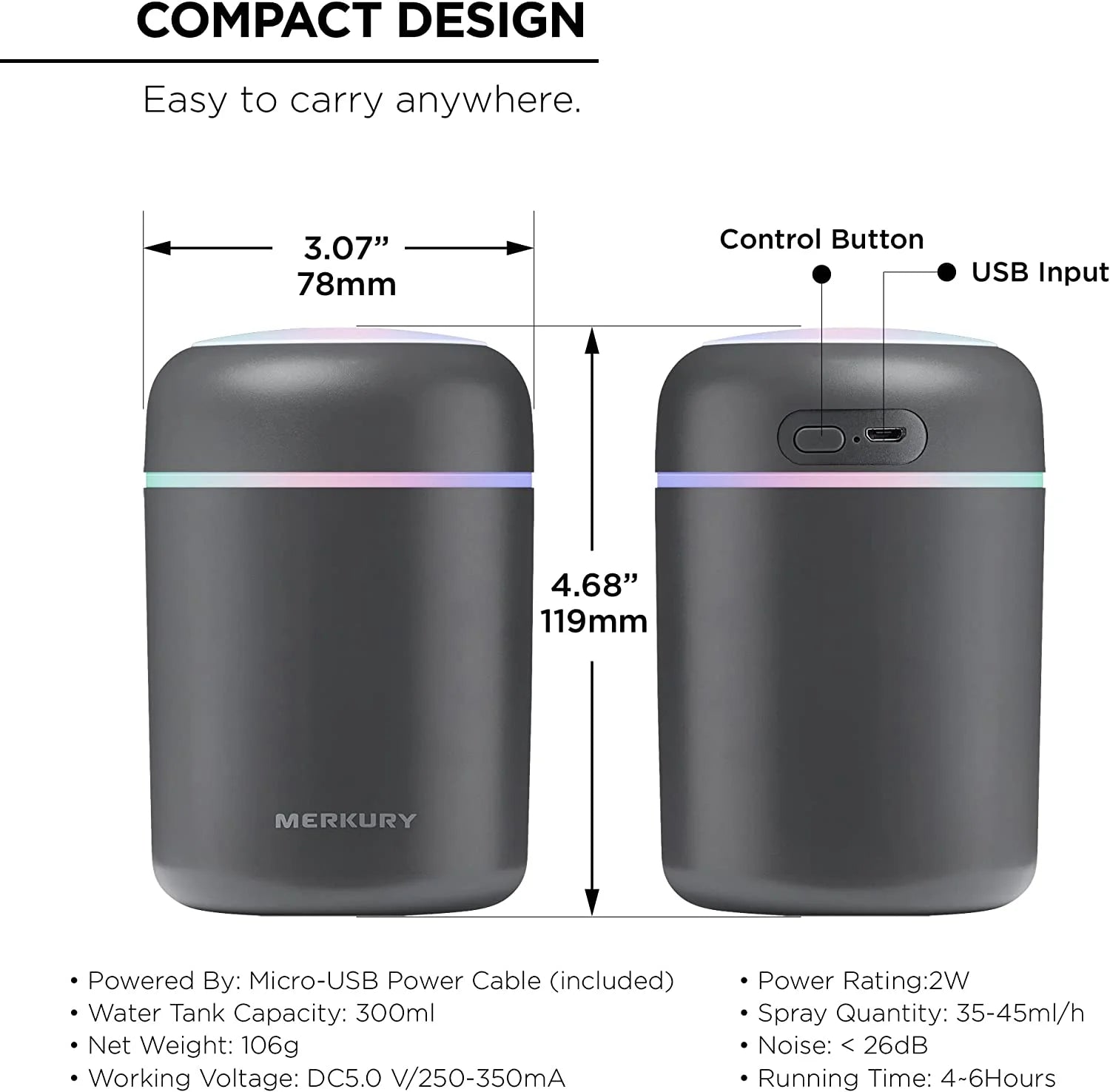 Breathe Easy Portable Personal Humidifier, USB Powered, Night Light, Timer Included, for Allergies, Dry Skin and Improved Sleep, White