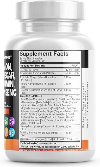 Ceylon Cinnamon 3000Mg Turmeric 3000Mg Apple Cider Vinegar 3000Mg Ginseng 2000Mg Berberine 1200Mg plus Bitter Melon Gymnema Milk Thistle Fenugreek