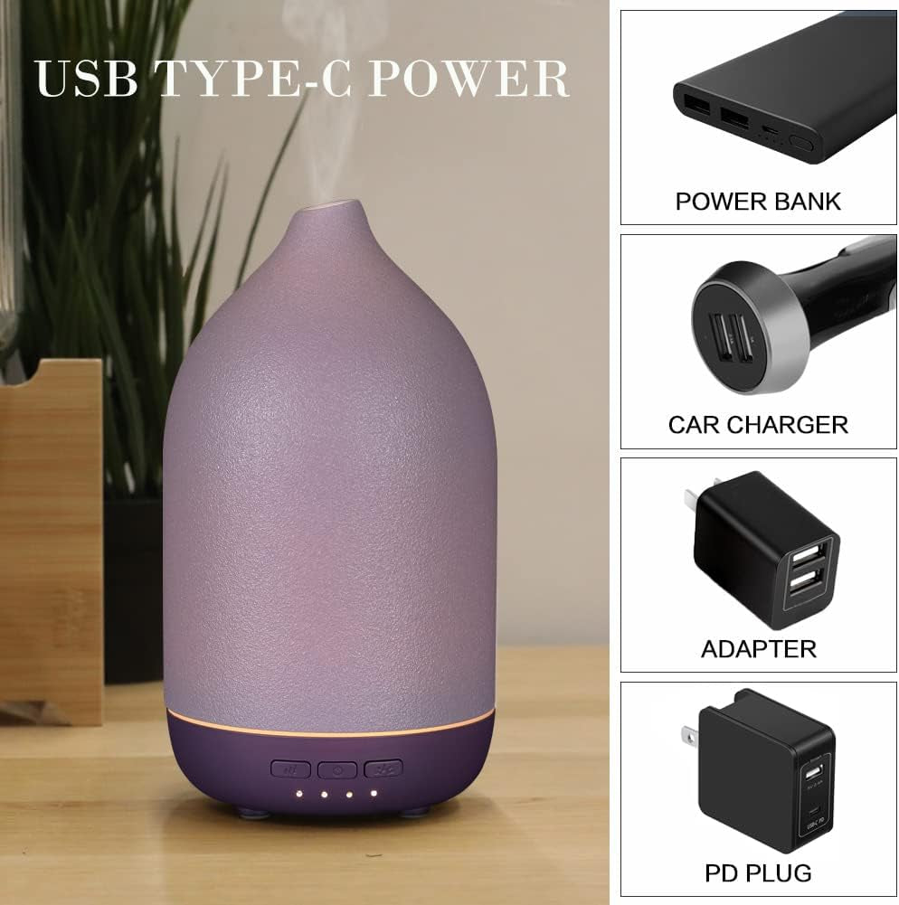 Essential Oil Diffusers, Aromatherapy Diffuser for Essential Oils, 100Ml Ceramic Oil Diffusers for Large Room - 5 Timers, Warm Ambient Light, Auto-Off (M40-Purple)