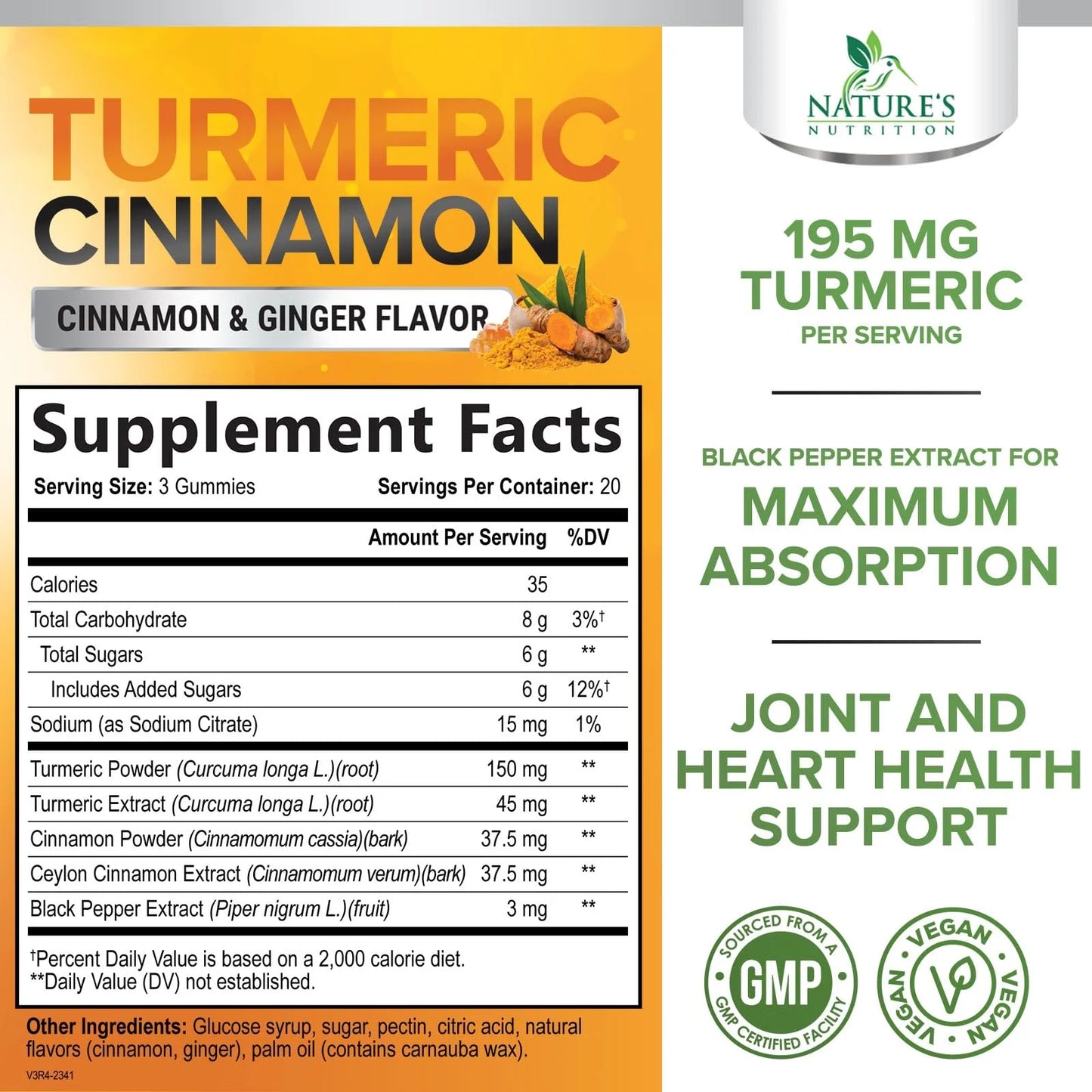 Turmeric Curcumin Gummies 95% Curcuminoids with Cinnamon, Ginger & Black Pepper Extract for Max Absorption Joint Support Supplement, Nature'S Herbal Turmeric Gummy Pills, Vegan Non-Gmo - 60 Gummies