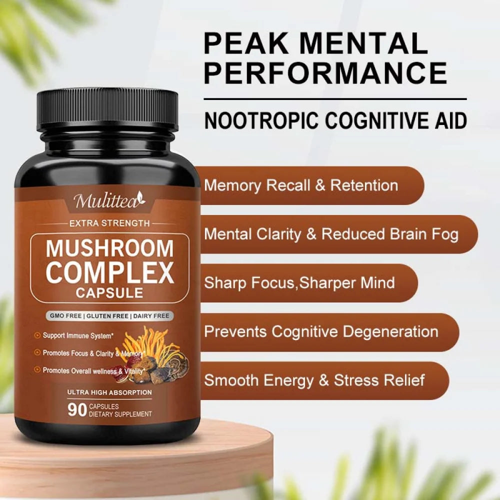 Mushroom Complex Tablet - Mushroom Complex Supplement with Lion'S Mane Cordyceps - 90 Vegen Capsules(Gluten Free)