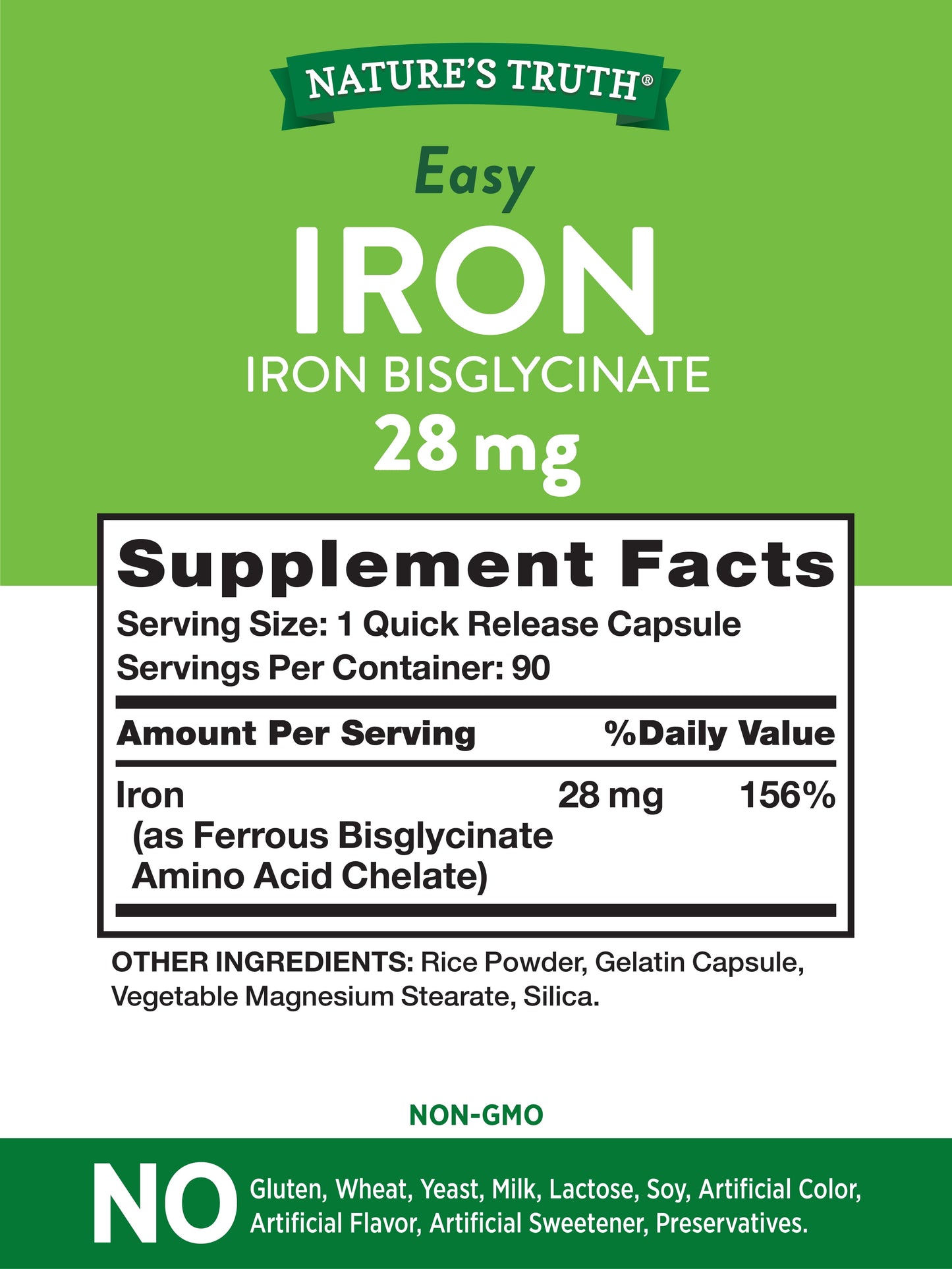 Easy Iron Supplement 28 Mg | 90 Capsules | Iron Bisglycinate | Non-Gmo, Gluten Free | by