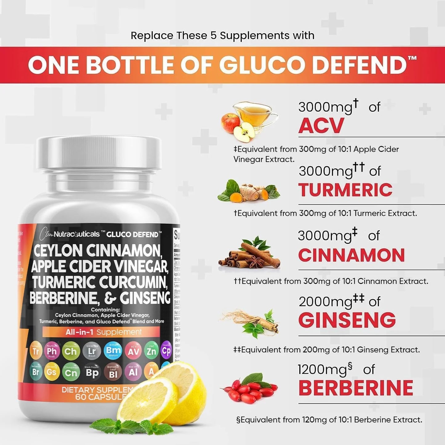 Ceylon Cinnamon 3000Mg Turmeric 3000Mg Apple Cider Vinegar 3000Mg Ginseng 2000Mg Berberine 1200Mg plus Bitter Melon Gymnema Milk Thistle Fenugreek