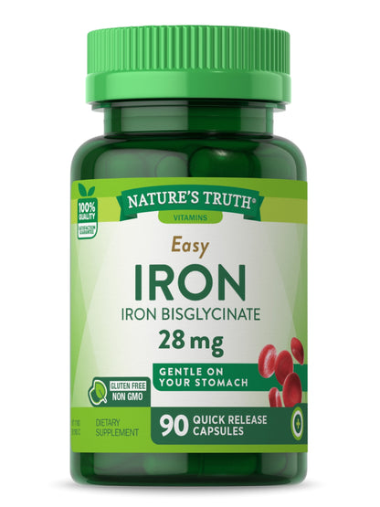 Easy Iron Supplement 28 Mg | 90 Capsules | Iron Bisglycinate | Non-Gmo, Gluten Free | by