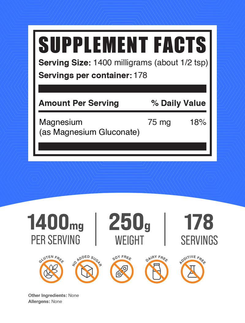 Bulksupplements Magnesium Gluconate Powder- 1.4G per Serving - 250 Grams (8.8 Oz) - 178 Servings