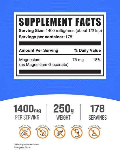 Bulksupplements Magnesium Gluconate Powder- 1.4G per Serving - 250 Grams (8.8 Oz) - 178 Servings