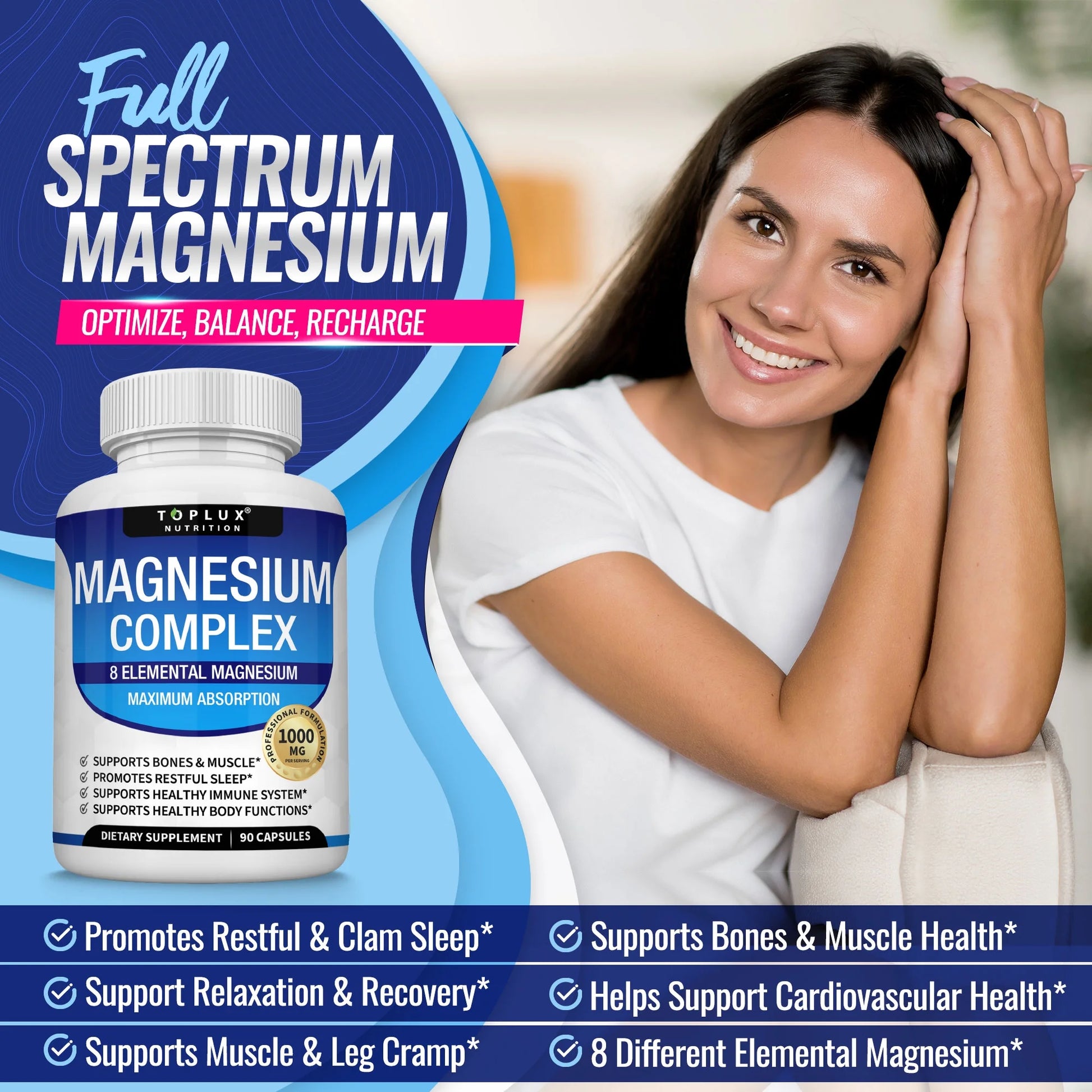 Magnesium Complex 8 Elemental Magnesium Supplement 1000Mg Glycinate, Citrate, Malate, Taurate