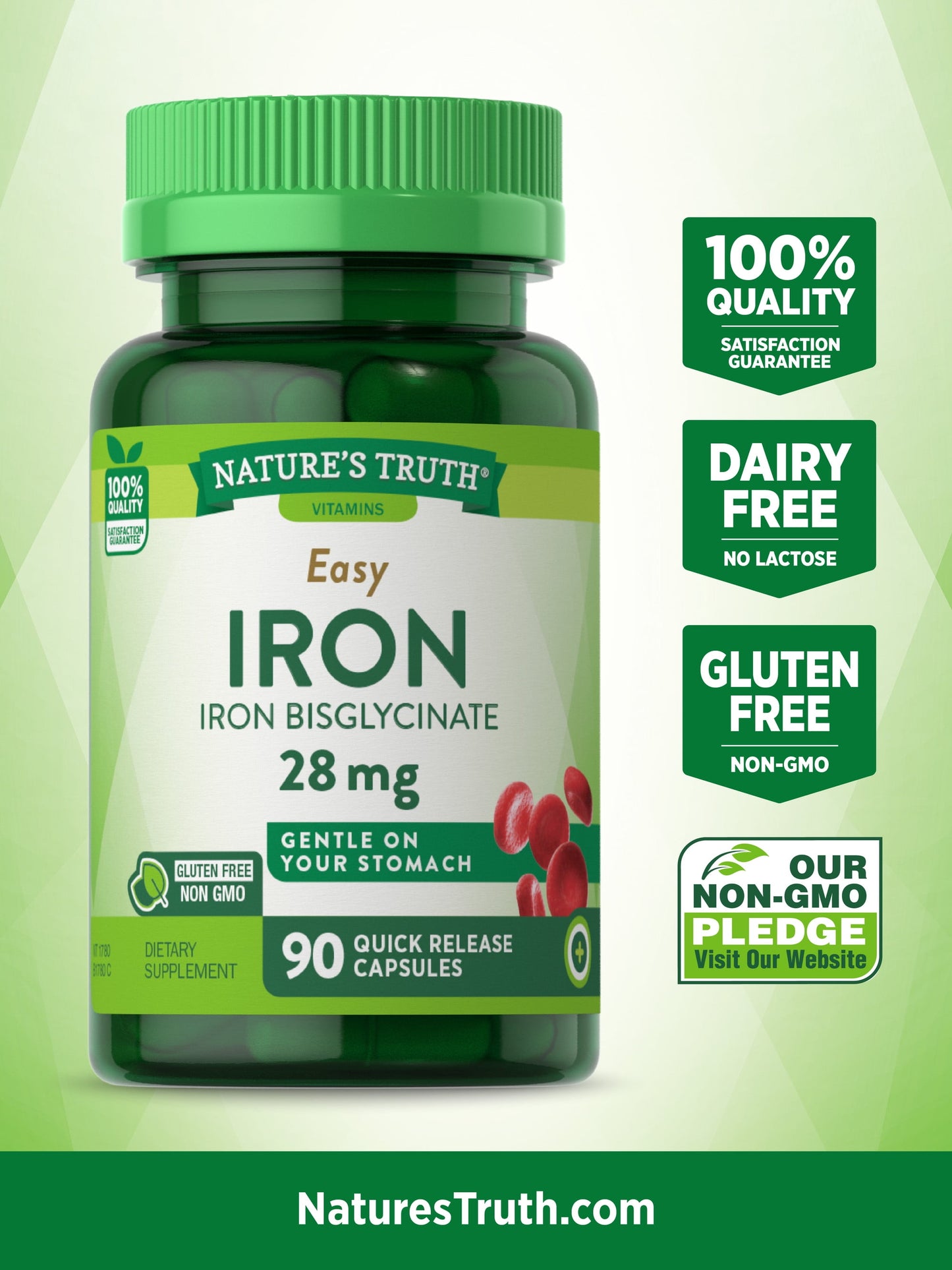 Easy Iron Supplement 28 Mg | 90 Capsules | Iron Bisglycinate | Non-Gmo, Gluten Free | by