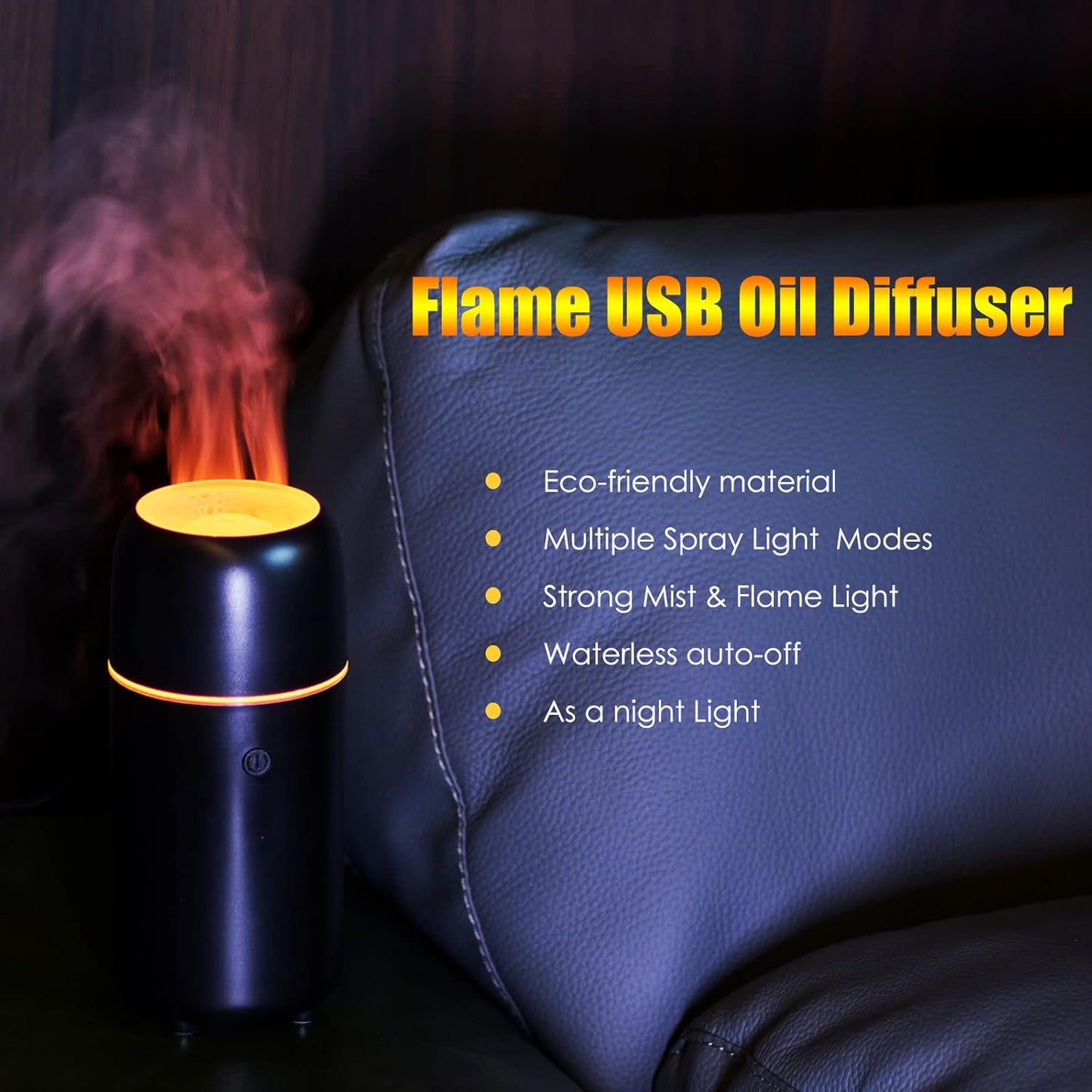 Humidifiers Car Diffusers for Essential Oils USB Car Humidifier Aromatherapy Diffusers with 7 Color Flame Lights for Car Home Office Gift (Black)